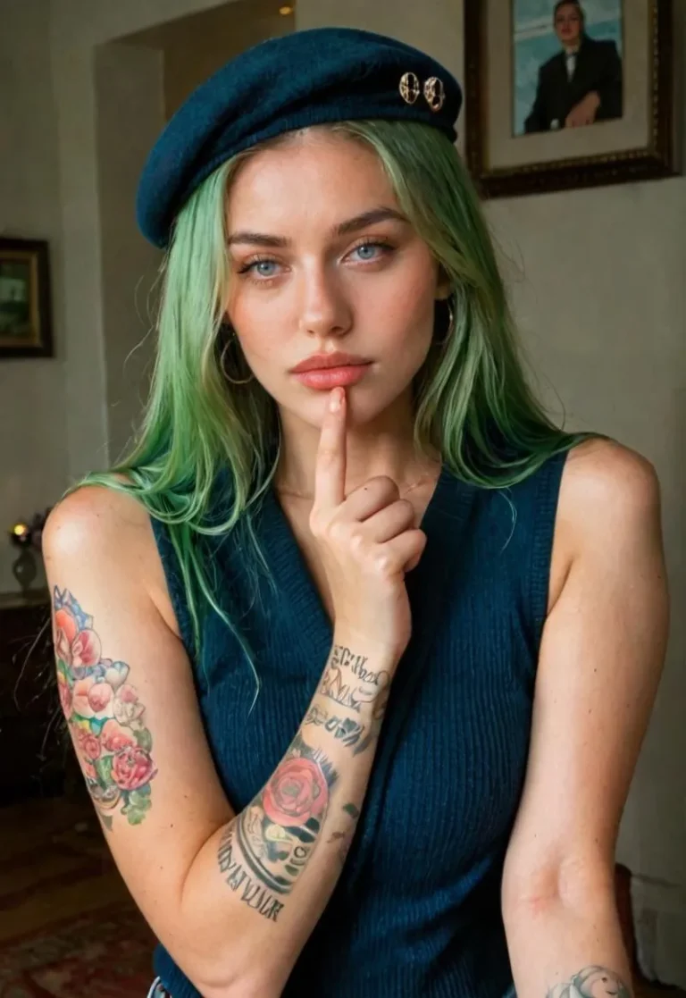 Green-haired woman with tattoos wearing a dark beret and blue sleeveless top, generated using stable diffusion AI.