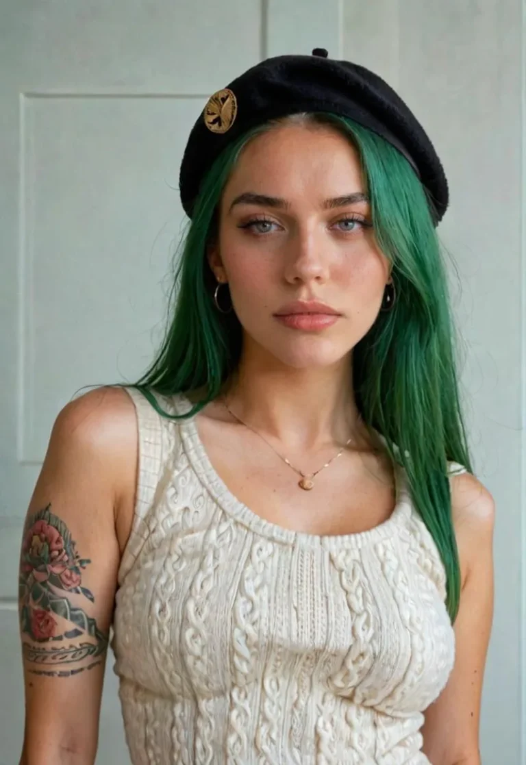 A fashion portrait of a woman with green hair, wearing a black beret with a decorative pin, a cream-colored cable knit top, and small hoop earrings. She has a tattoo on her left arm, emphasizing that this is an AI generated image using Stable Diffusion.
