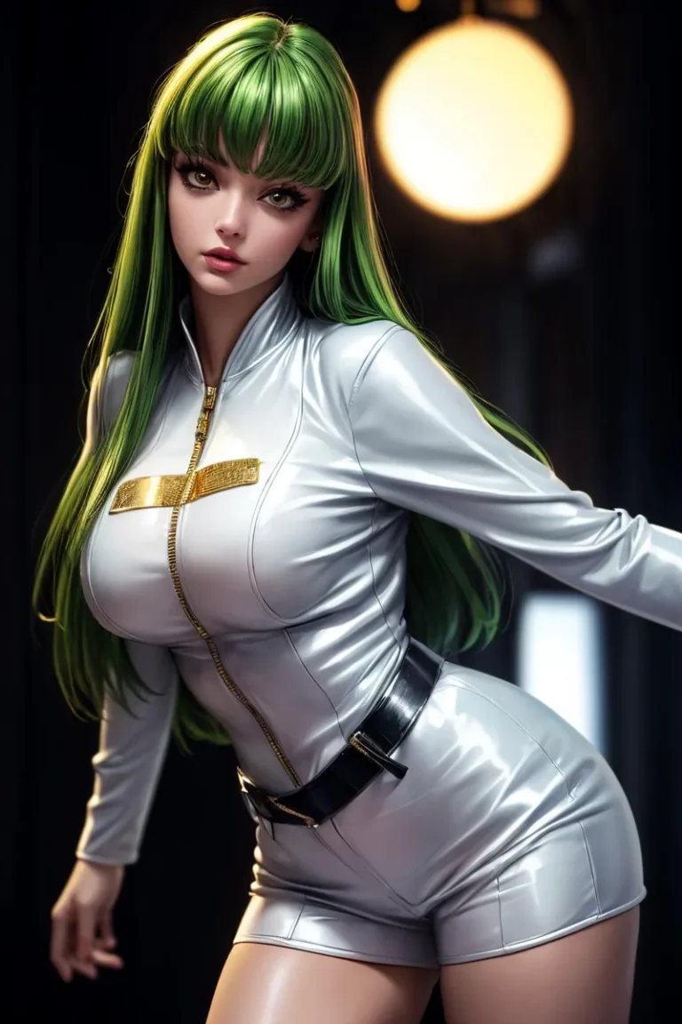 A detailed depiction of a green-haired anime woman wearing a shiny, fitted silver outfit, created using Stable Diffusion.