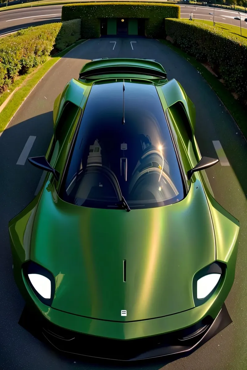 A futuristic green sportscar parked in a modern, symmetrical environment, generated using Stable Diffusion AI.