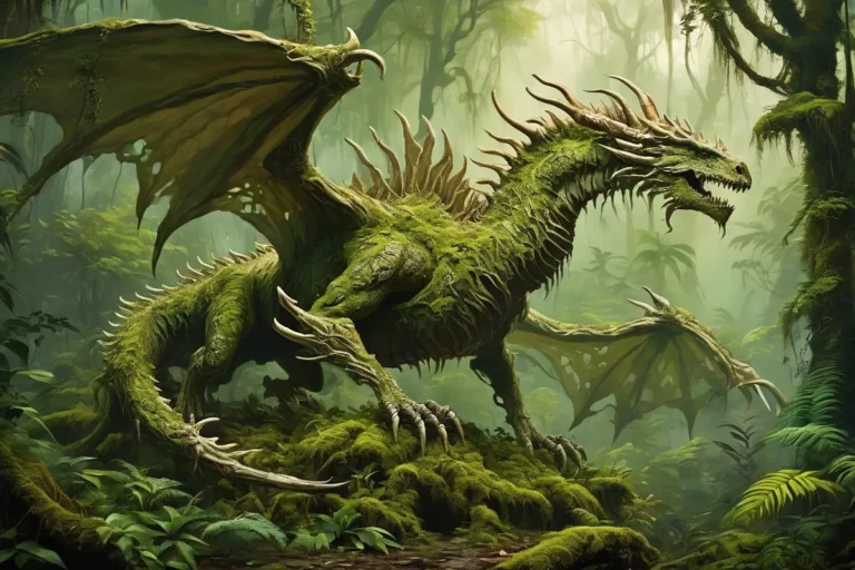 A green dragon with moss and vegetation on its body standing in a misty jungle, AI generated image using Stable Diffusion.
