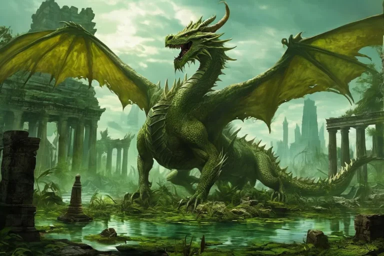 A massive green dragon with wings outstretched, standing in ancient ruins surrounded by lush greenery, created using Stable Diffusion.