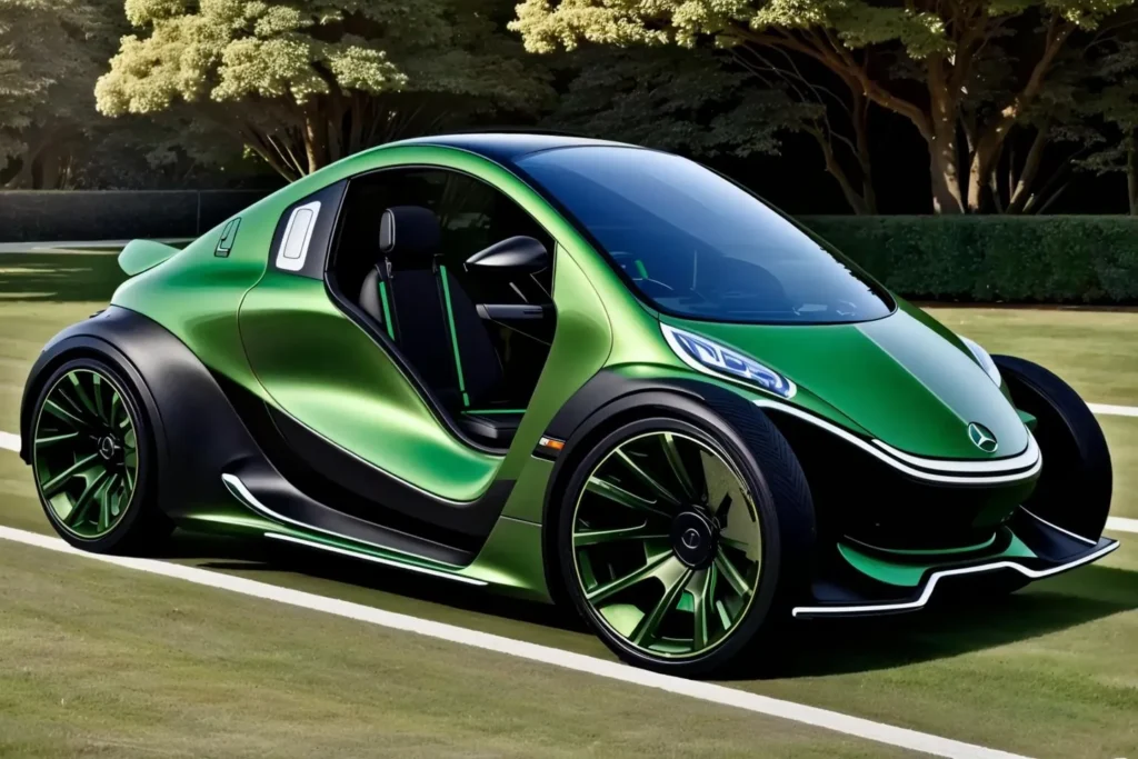 A vibrant green futuristic luxury car with an electric design, created using ai and stable diffusion, set in a serene garden.