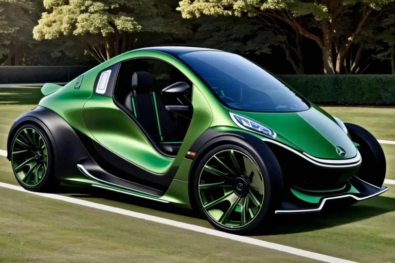 A vibrant green futuristic luxury car with an electric design, created using AI and Stable Diffusion, set in a serene garden.