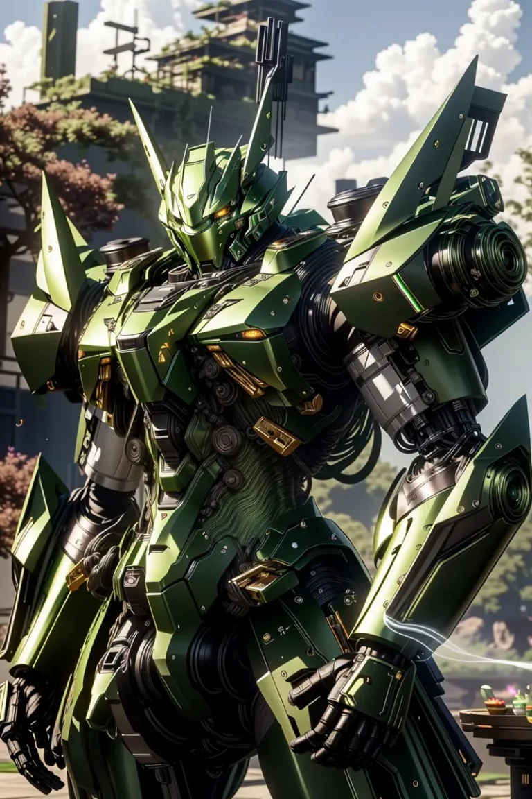 A highly detailed, futuristic mecha robot with green armor standing in front of a modern cityscape. AI generated image using Stable Diffusion.