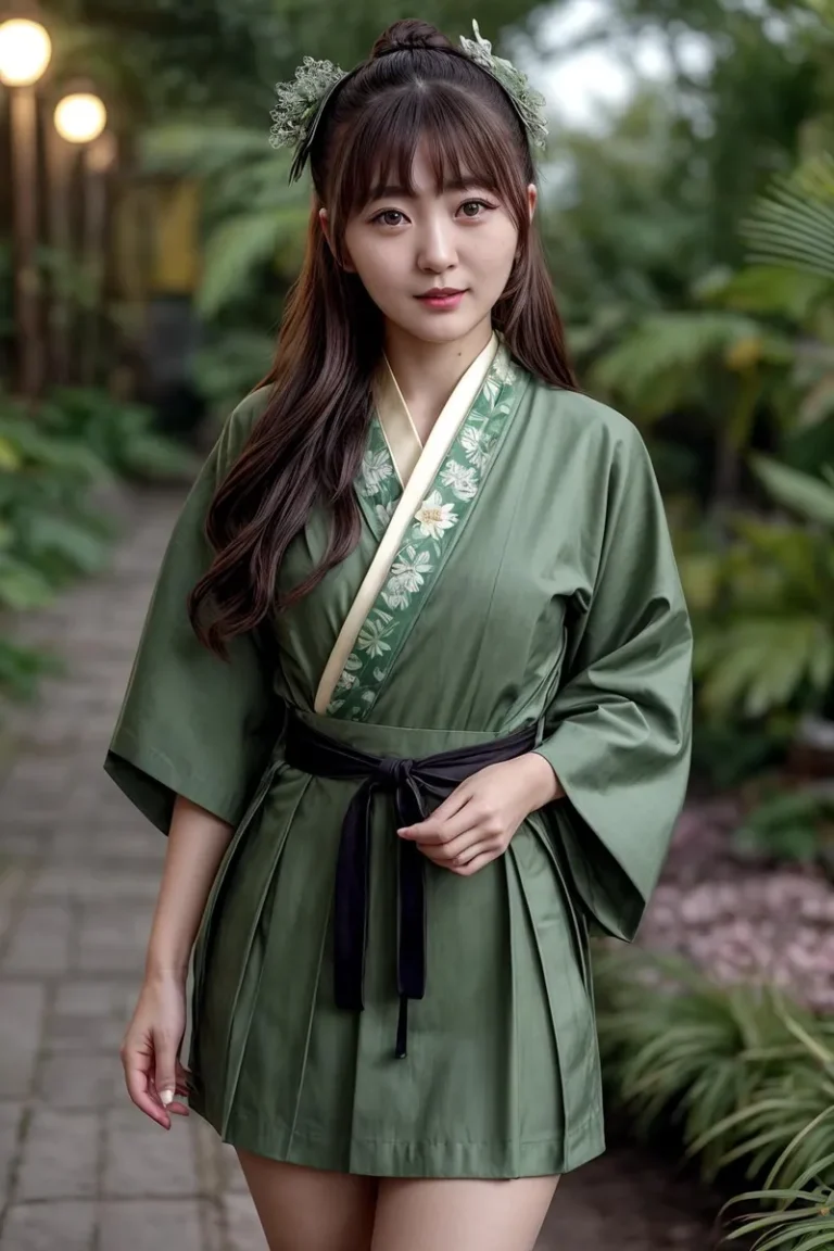 Beautiful woman wearing a green traditional kimono standing on a garden path. This is an AI generated image using stable diffusion.