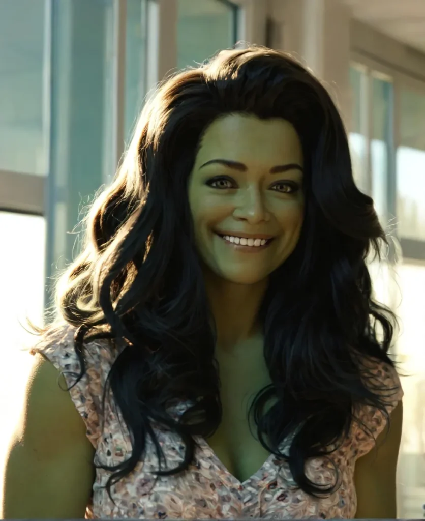 A smiling green-skinned woman with dark wavy hair and a floral dress, generated by AI using Stable Diffusion.