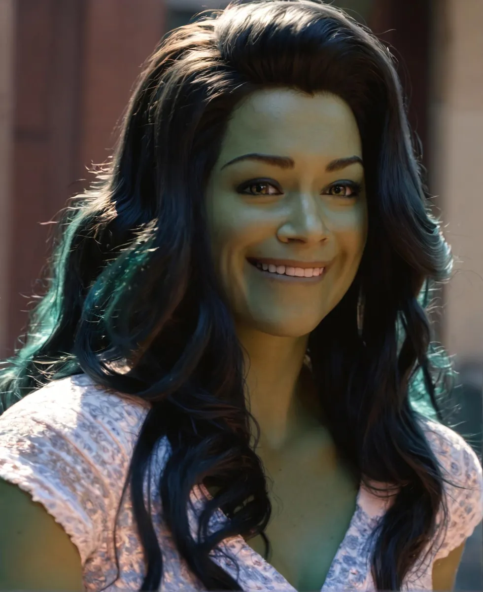 A smiling woman with green skin and long dark hair, created by AI using Stable Diffusion.