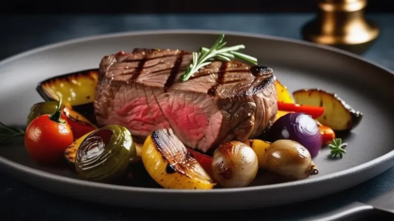 Gourmet grilled steak paired with a colorful assortment of roasted vegetables on a stylish plate, created using Stable Diffusion AI.