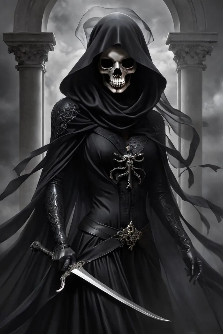 Grim reaper dressed in an elaborate black cloak with gothic designs, skull face, wielding a sword, standing amidst ancient pillars and swirling mist. An AI generated image using Stable Diffusion.