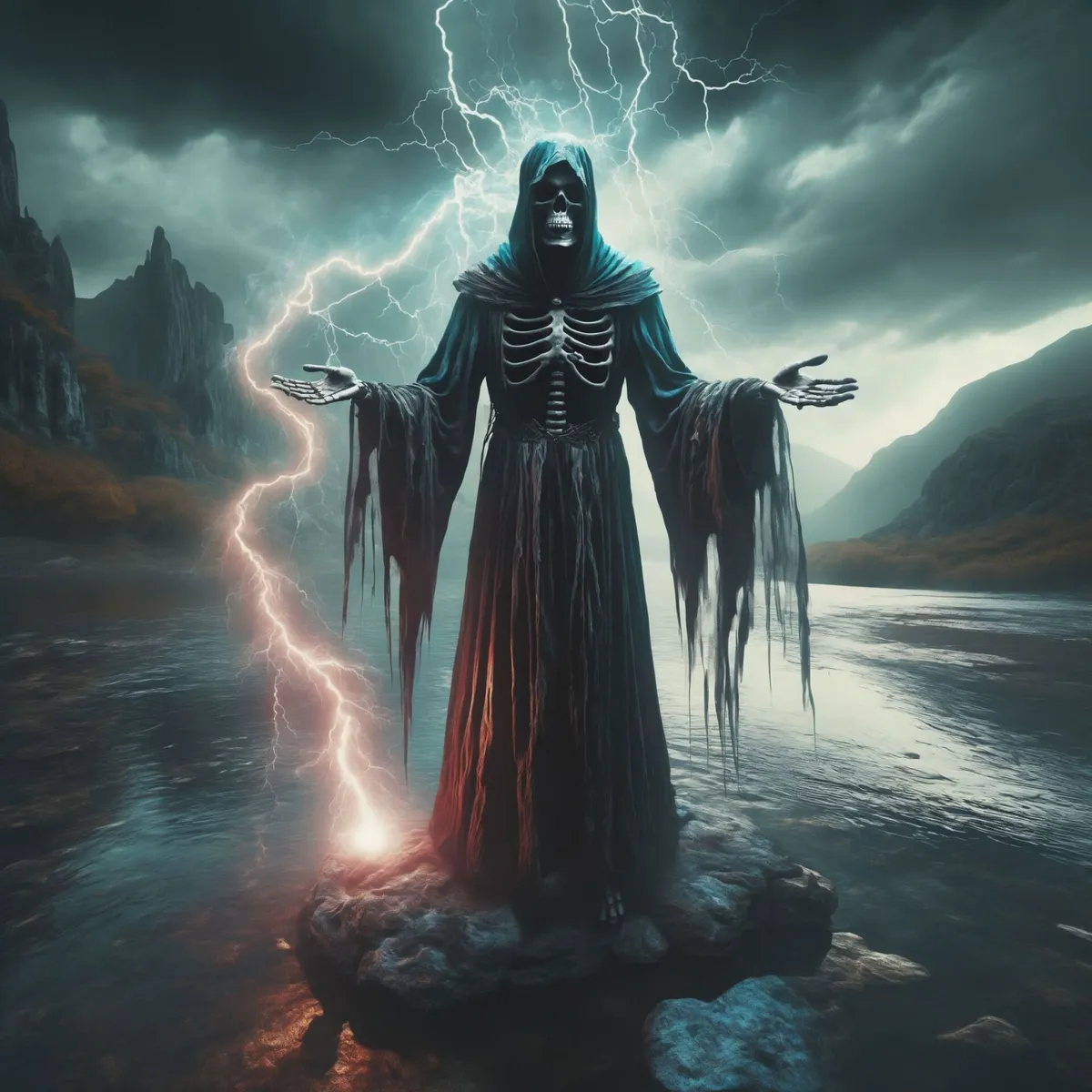 A dramatic AI generated image using Stable Diffusion of a grim reaper with a skeletal face, wearing tattered robes, standing on a rock with arms outstretched as lightning strikes. The background features a dark, stormy sky and rugged landscape.