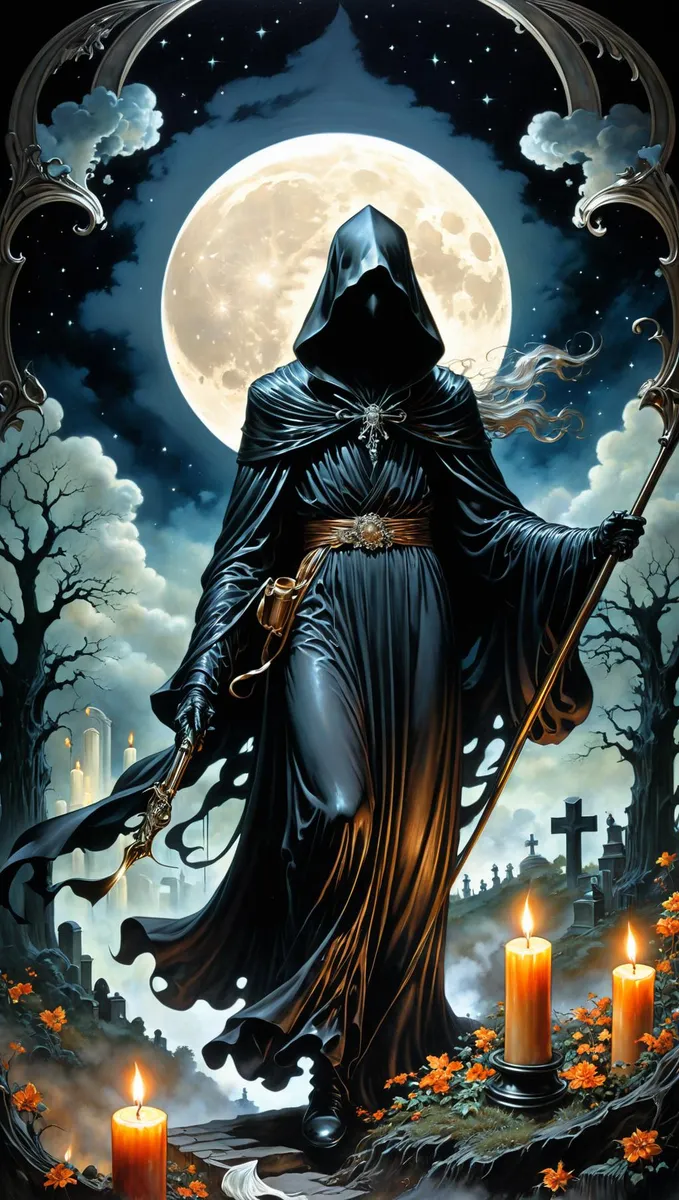 A Grim Reaper figure cloaked in a flowing dark robe, holding a staff, with a luminous full moon in the background. The Grim Reaper stands amidst a graveyard with tombstones and burning candles, surrounded by an eerie, atmospheric night sky with stars.