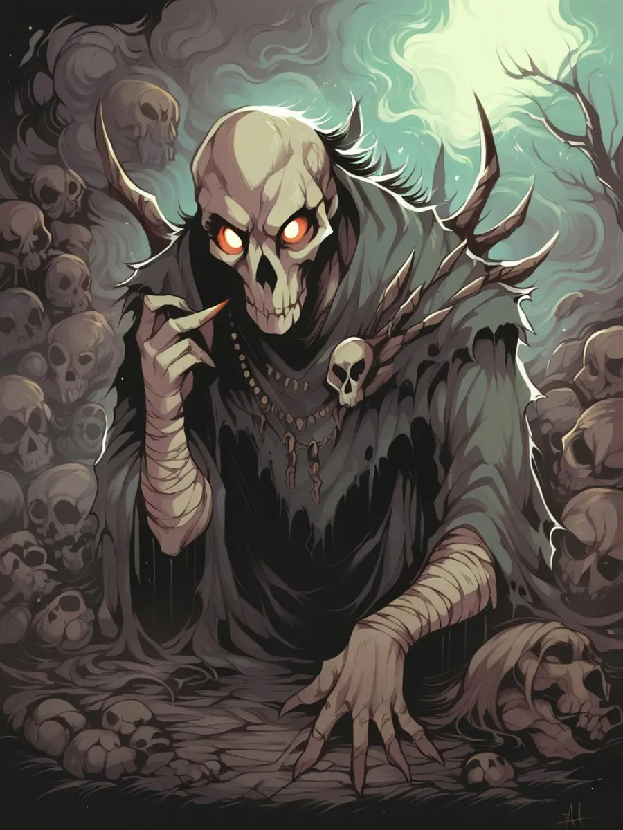 A grim reaper with glowing eyes and skeletal features, dressed in a tattered cloak with skull-adorned accessories, surrounded by numerous skulls. AI-generated image using Stable Diffusion.