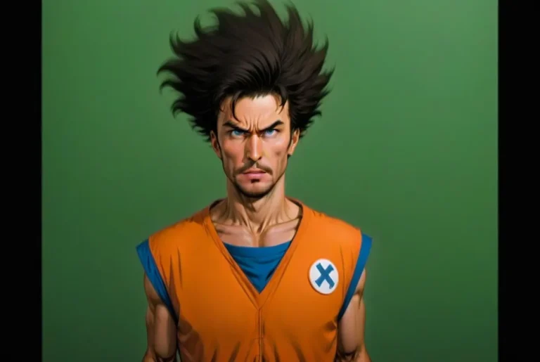 Gritty anime character with wild hair and determined facial expression wearing an orange and blue outfit, created using Stable Diffusion AI.