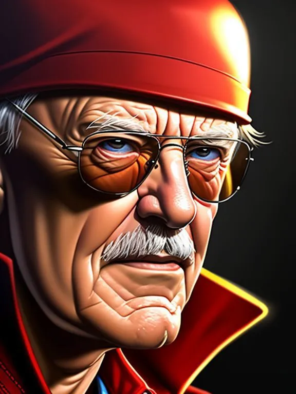 A detailed cartoon-style illustration of an elderly man with a stern expression, wearing aviator glasses and a red hat.