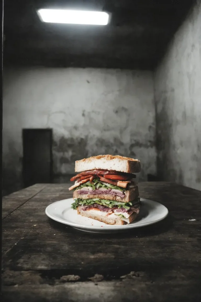 A tall sandwich in an old, grunge kitchen. AI generated image using Stable Diffusion.
