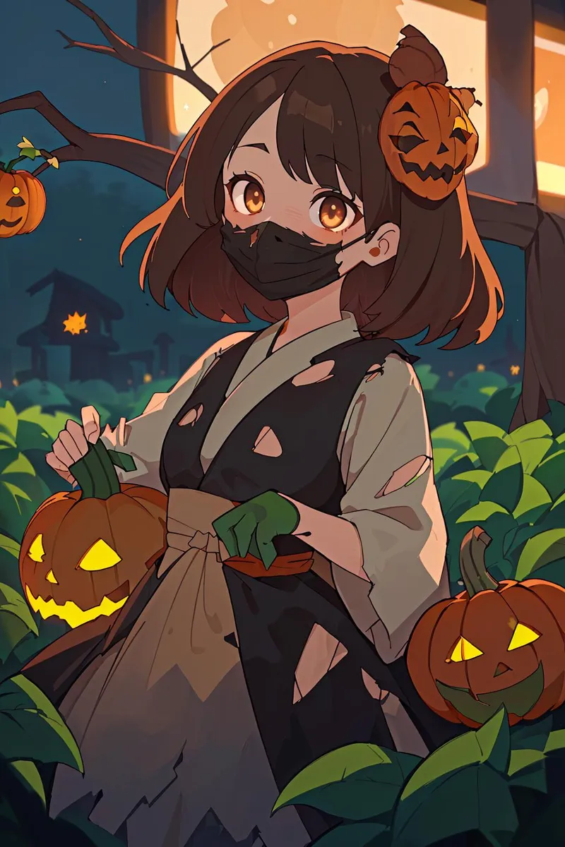 AI generated image using stable diffusion depicting an anime-style girl with brown hair wearing a black face mask and a pumpkin hair accessory. She holds glowing pumpkin lanterns and is dressed in a kimono.