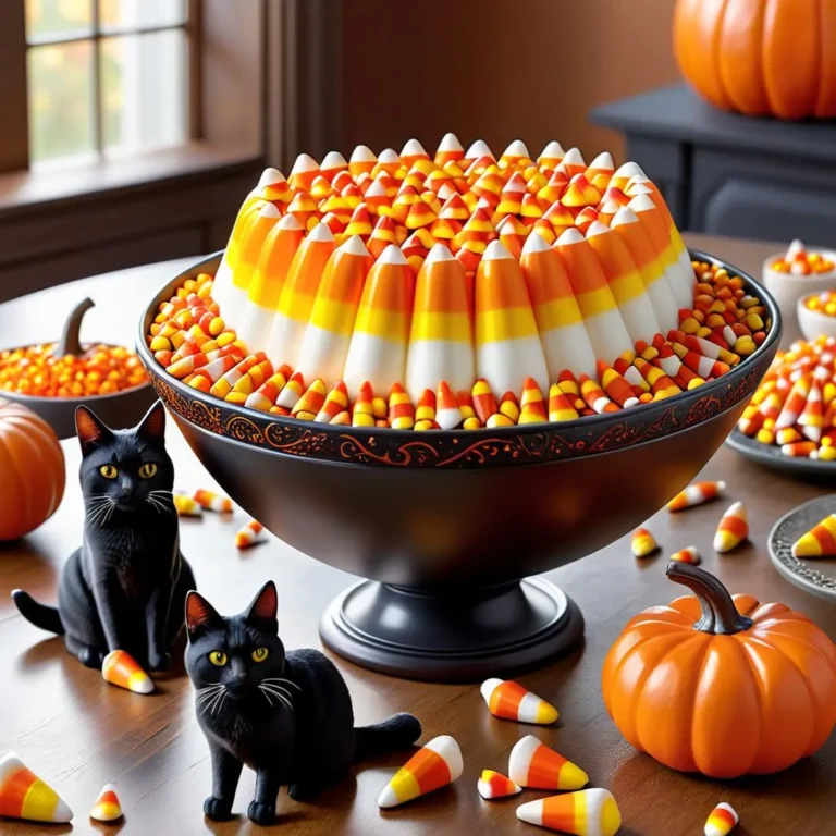 A Halloween-themed table decorated with an assortment of candy corn in a large black bowl, sitting beside two black cats and pumpkin decorations, created using Stable Diffusion.