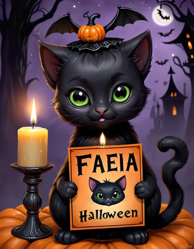 Cute black cat with green eyes holding a Halloween sign. AI-generated image using Stable Diffusion.