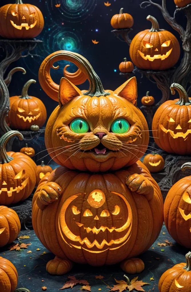 A Halloween cat carved from pumpkins with glowing green eyes, surrounded by other carved pumpkins. AI generated image using Stable Diffusion.