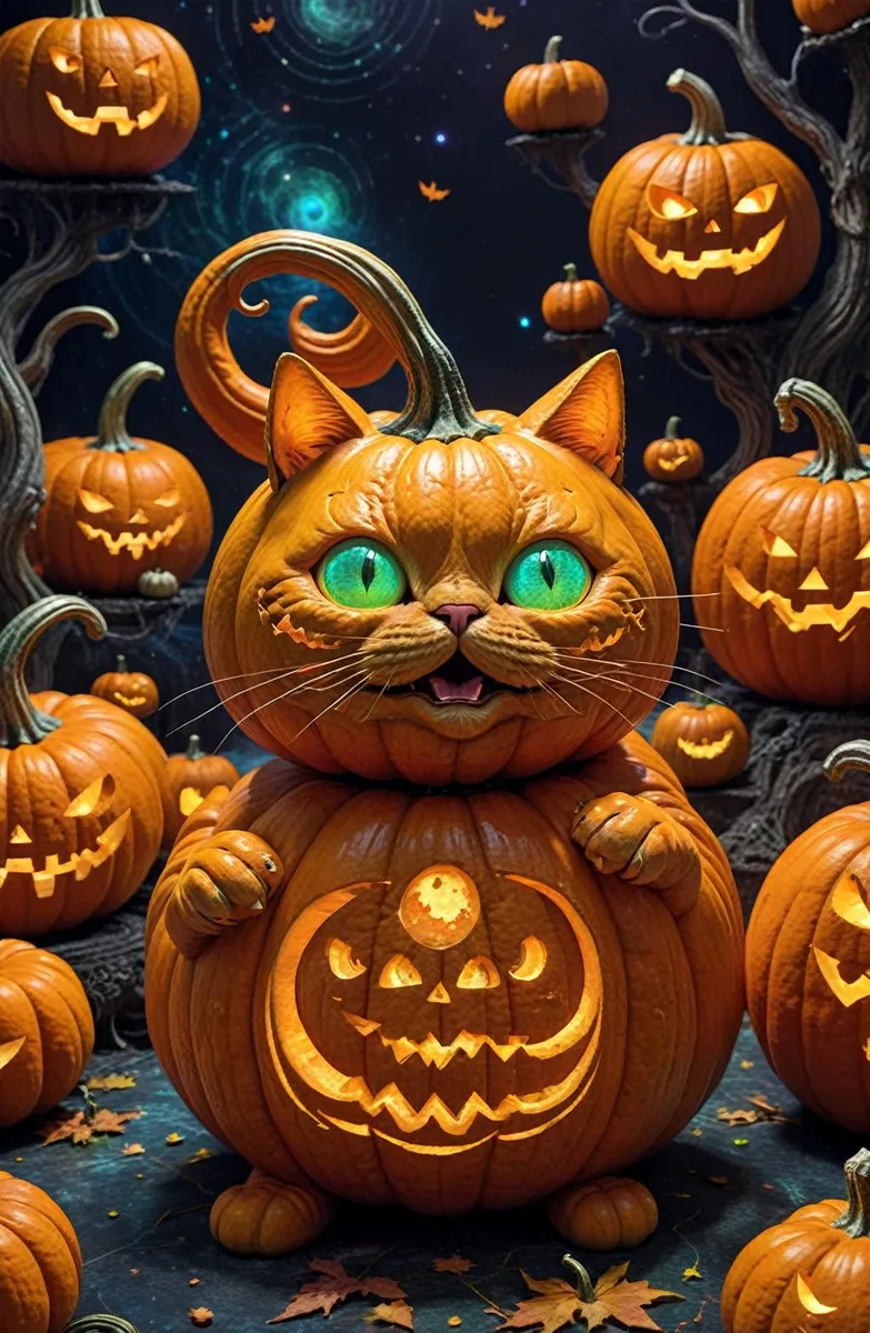 A Halloween cat carved from pumpkins with glowing green eyes, surrounded by other carved pumpkins. AI generated image using Stable Diffusion.