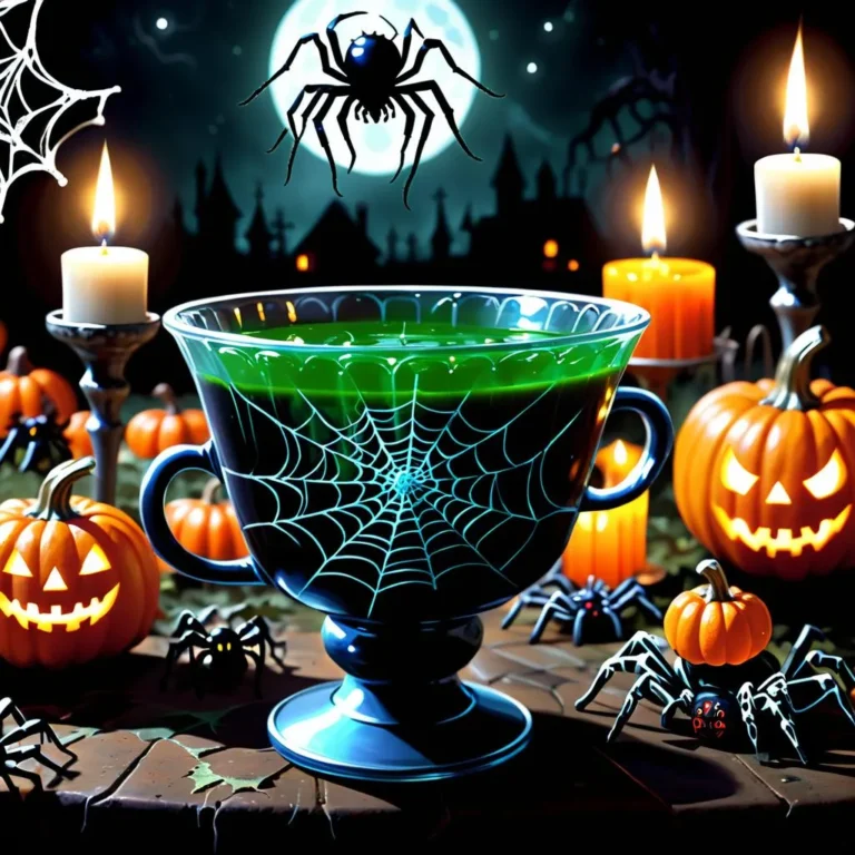 A spooky Halloween drink in a spiderweb-themed cup surrounded by candles, pumpkins, and spiders, created using stable diffusion.
