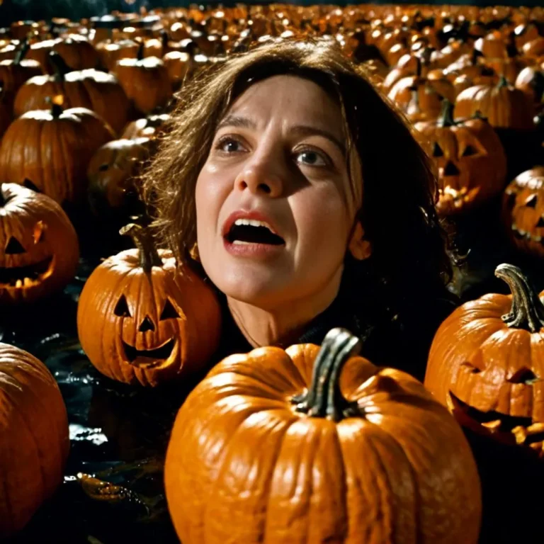 A woman looks horrified while surrounded by numerous jack-o'-lantern pumpkins in a field. This is an AI generated image using stable diffusion.