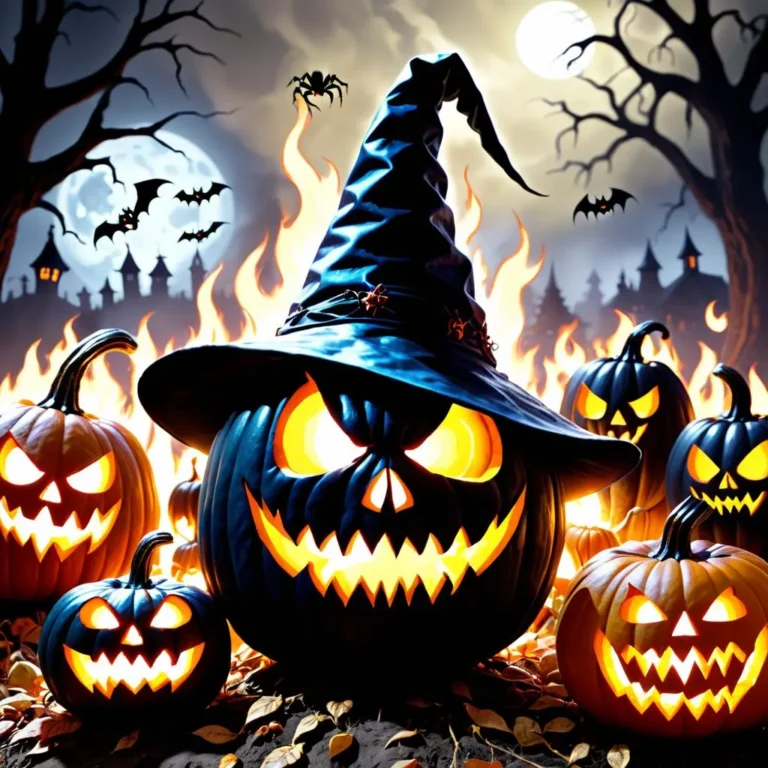 Halloween pumpkin with witch hat and spooky background. AI generated image using Stable Diffusion.