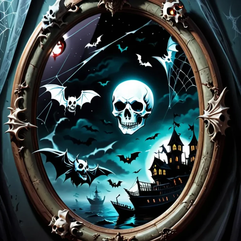 A vividly eerie Halloween scene in an antique frame, featuring a glowing skull, bats, webs, haunted house and ship, created with Stable Diffusion AI.