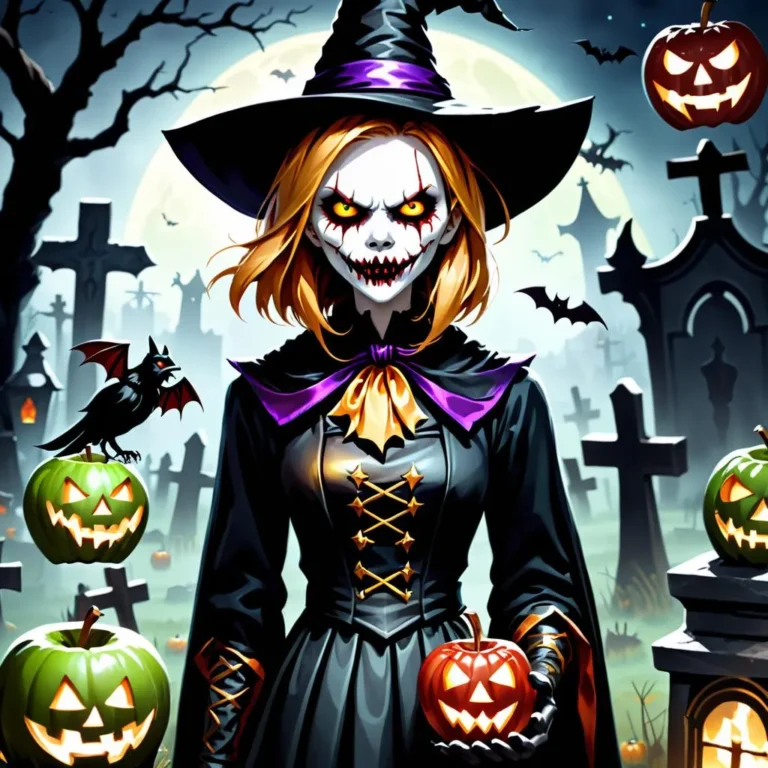 A witch in a Halloween scene with pumpkins, bats, and graveyard. This is an AI generated image using Stable Diffusion.