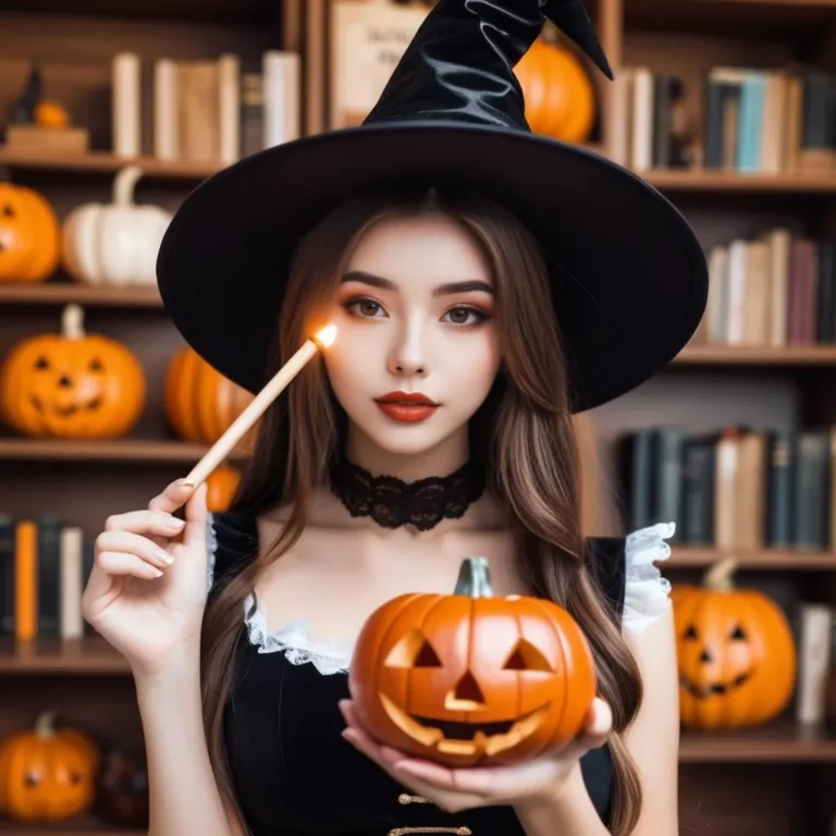 AI-generated image of a woman dressed as a witch holding a pumpkin lantern, created using Stable Diffusion.