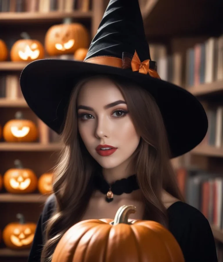 AI generated image using stable diffusion of a young woman dressed as a witch holding a pumpkin, with a background of carved jack-o'-lanterns and books.