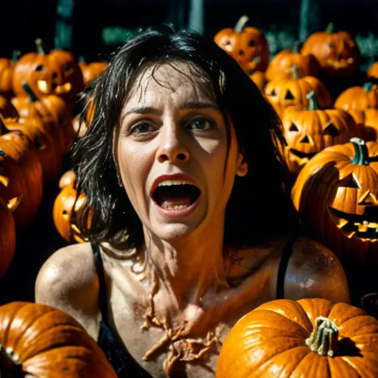 Scared woman surrounded by carved pumpkins, AI generated image using stable diffusion.