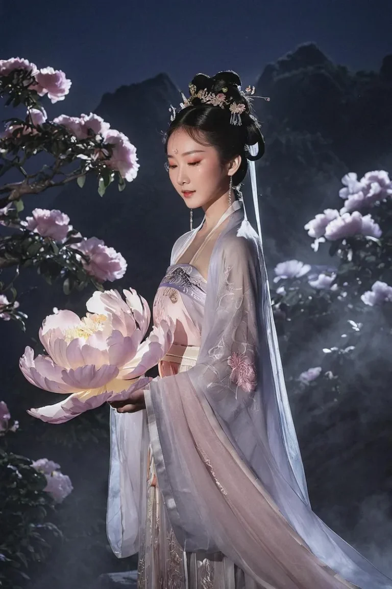 Hanfu dressed woman holding a glowing lotus flower in a mystical garden, created using stable diffusion.