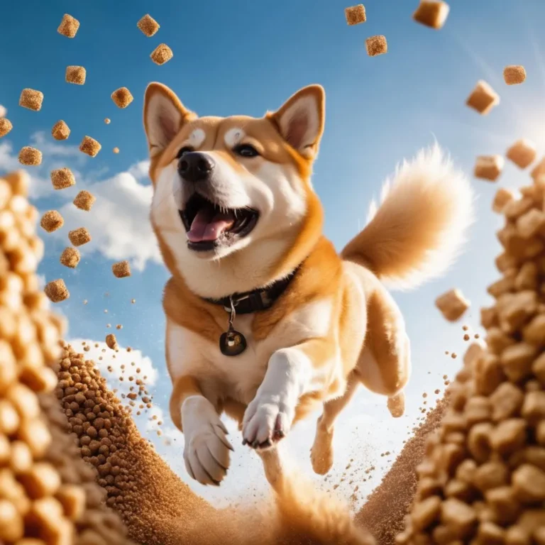 A cheerful dog jumping through a cascade of dog food pellets. This AI generated image using Stable Diffusion captures the joy and excitement of a dog in a playful and dynamic scene.