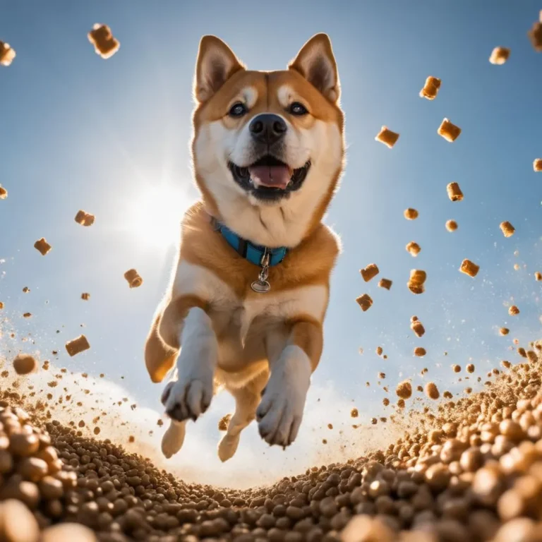 A happy dog leaping through the air surrounded by floating dog treats, designed using stable diffusion.