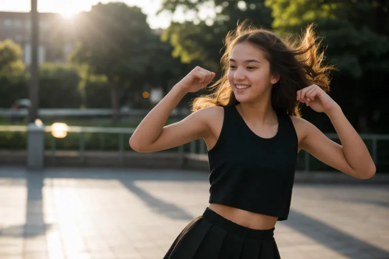 Happy teenage girl with long hair, wearing a black sleeveless top and skirt, smiling and posing playfully in a sunlit park, captured in a candid moment using Stable Diffusion AI.