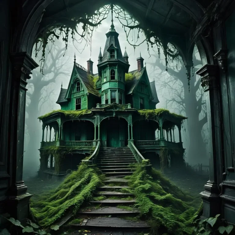 A haunted gothic mansion with eerie green overgrowth set against a misty, dark forest backdrop, created using Stable Diffusion.