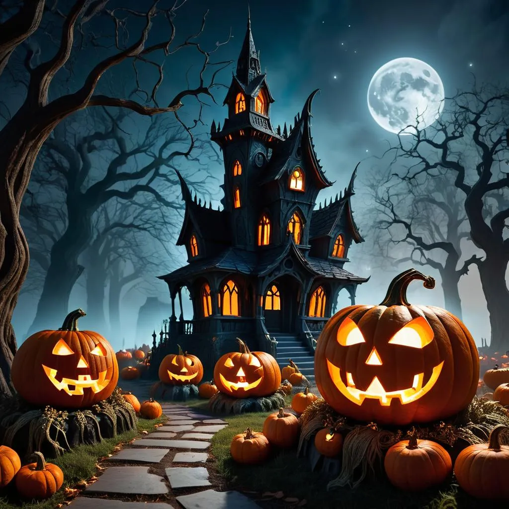 A spooky Halloween night scene featuring a haunted house surrounded by glowing jack-o'-lanterns, created using Stable Diffusion AI.