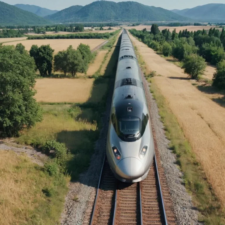 High-speed train traveling through a picturesque countryside setting with green fields and mountains in the background. This is an AI generated image using Stable Diffusion.