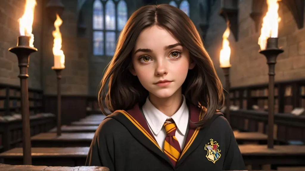 AI-generated image using Stable Diffusion of a young female Hogwarts student in a wizarding school classroom, dressed in a Gryffindor uniform with candles in the background.