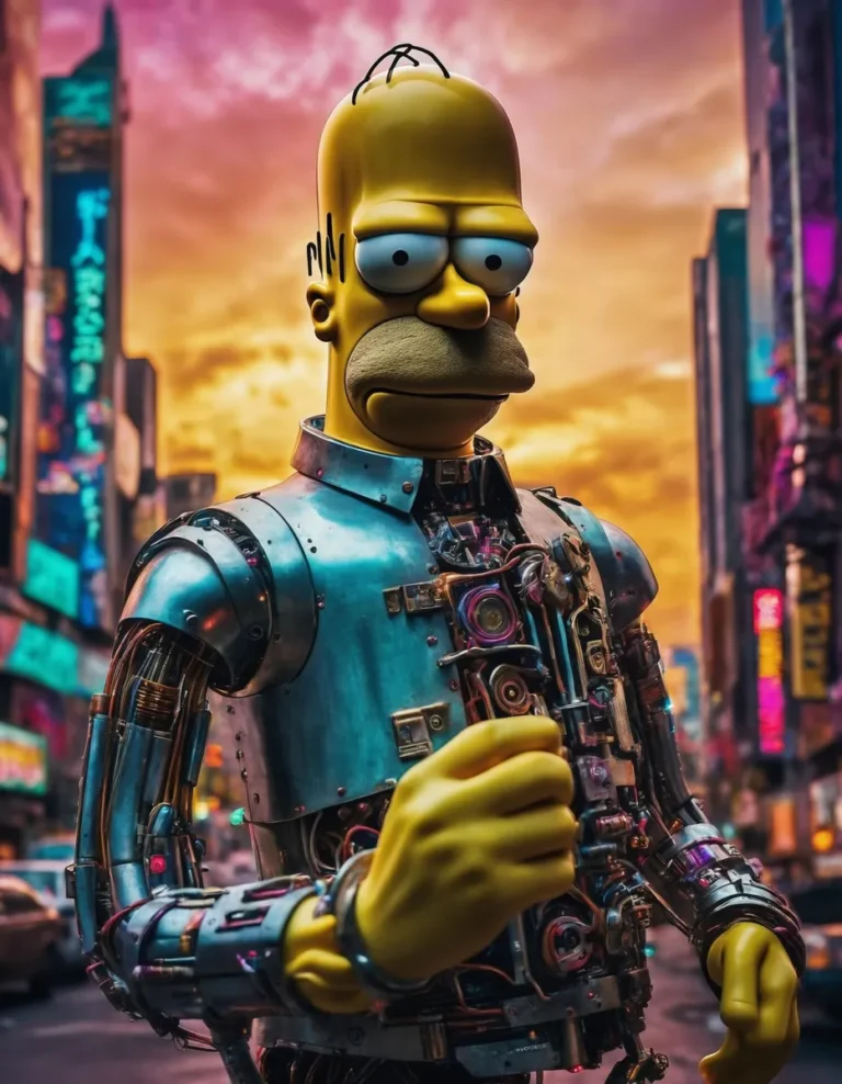Homer Simpson depicted as a robot in a futuristic cityscape at sunset using Stable Diffusion, AI-generated.