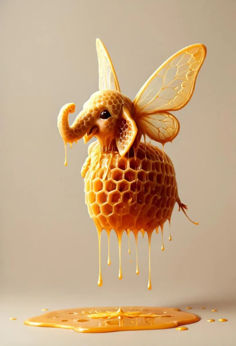 AI-generated image of an elephant made of honey, with a honeycomb texture and delicate wings resembling those of an insect.