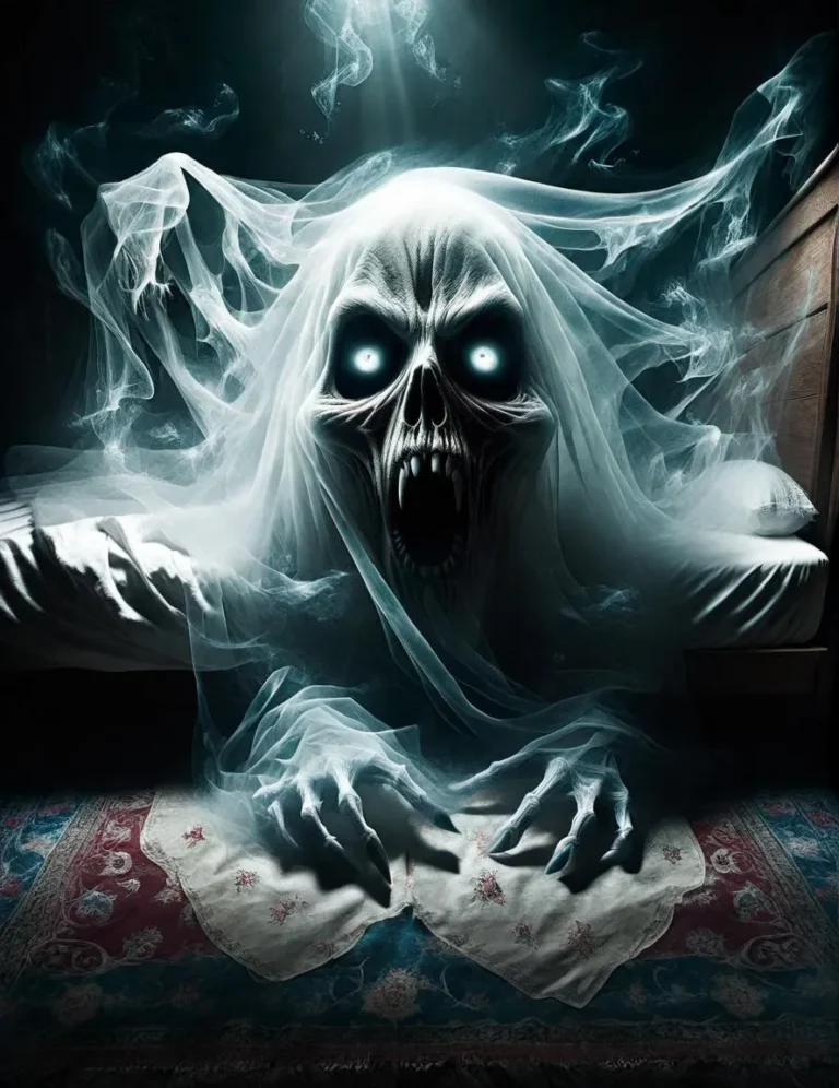 An eerie, horror-themed scene featuring a ghostly figure with glowing eyes and skeletal hands appearing beneath a bed. The specter is shrouded in a translucent, wavy veil, and claw-like hands gripping the edge of a vintage rug.