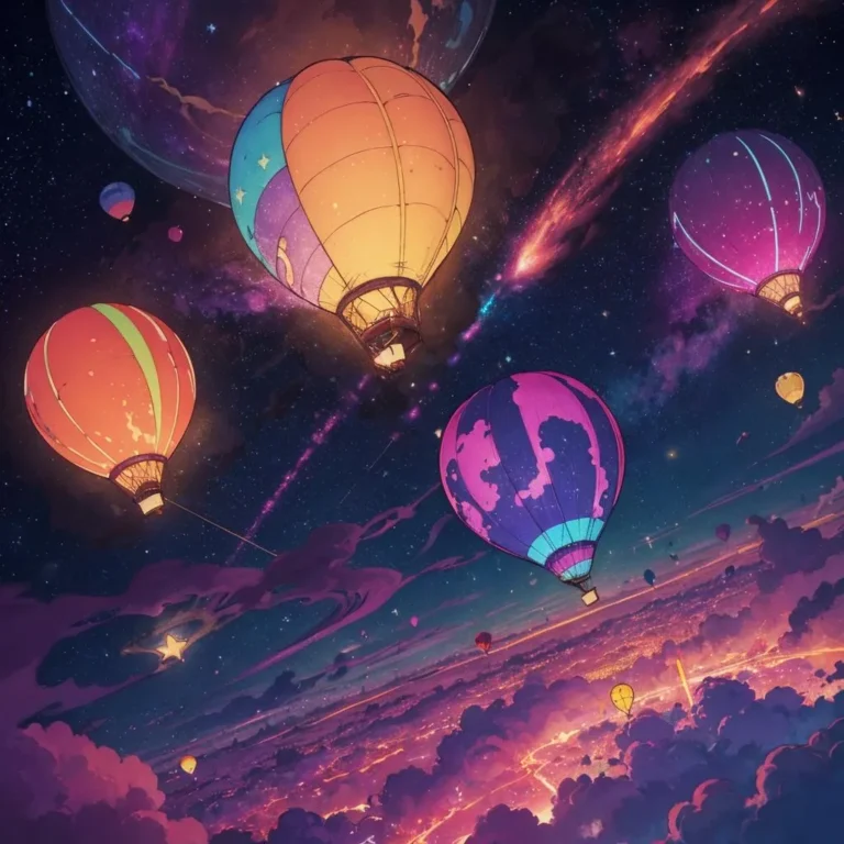 Hot air balloons floating in a fantastical night sky filled with stars and nebulas. This is an AI generated image using stable diffusion.