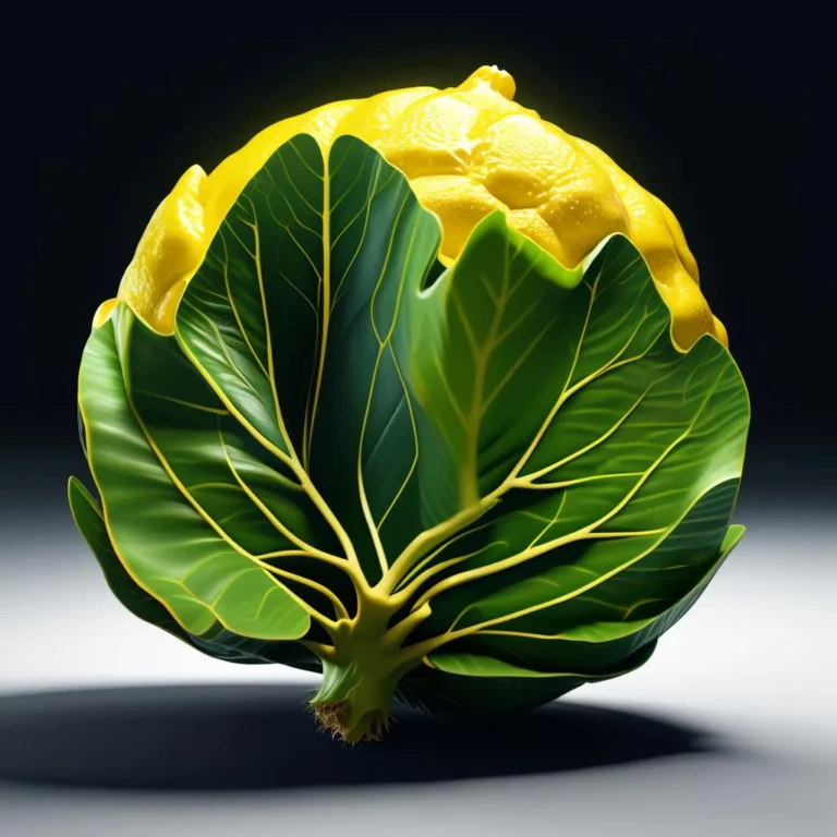 A hybrid fruit featuring a lemon and cabbage, created with AI using Stable Diffusion. The top half of the fruit is a textured lemon while the bottom half transitions seamlessly into green cabbage leaves.