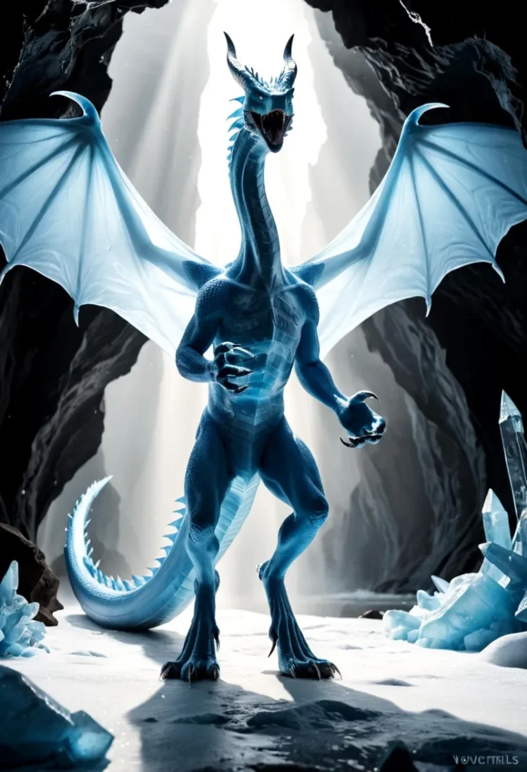 An imposing ice dragon with blue scales, standing in a snowy cave with beams of light. Created using Stable Diffusion.