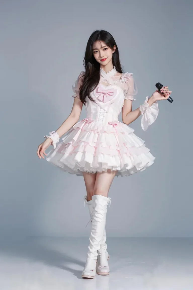 A young female idol singer in a frilly pink and white dress holding a microphone. This is an AI generated image using stable diffusion.