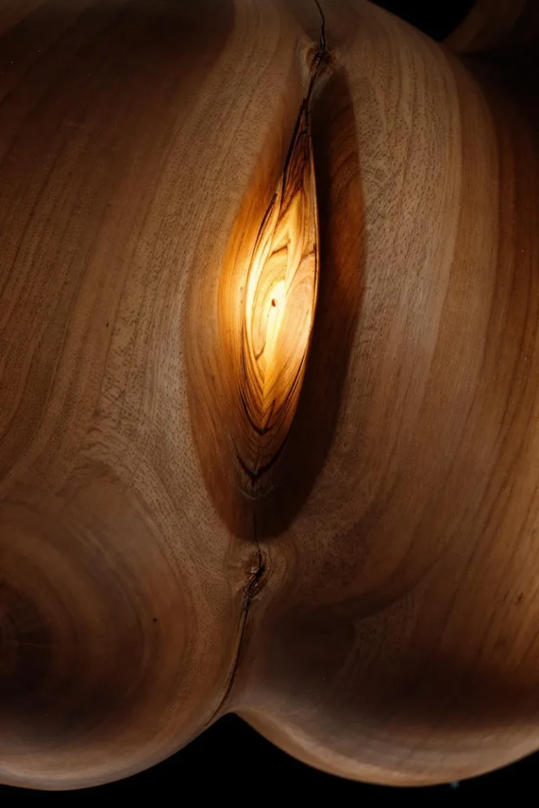 Abstract illuminated wood sculpture created using stable diffusion showcasing smooth wood surface with a glowing central crevice.