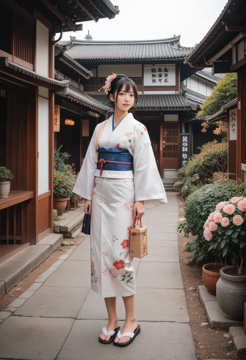AI generated image of woman in traditional Japanese kimono standing on a street with old Japanese buildings in the background.